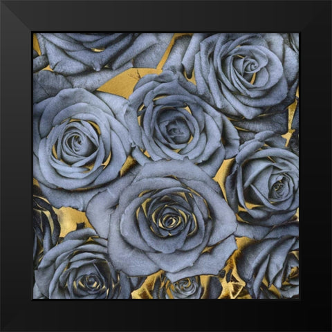 Roses - Blue on Gold Black Modern Wood Framed Art Print by Bennett, Kate
