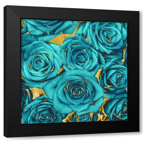 Roses - Teal on Gold Black Modern Wood Framed Art Print with Double Matting by Bennett, Kate