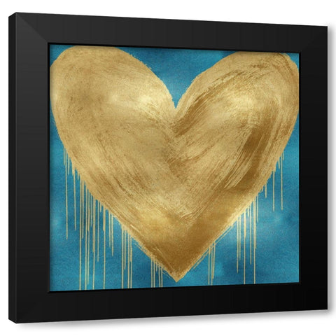 Big Hearted Gold on Aqua Black Modern Wood Framed Art Print with Double Matting by Rodgers, Lindsay