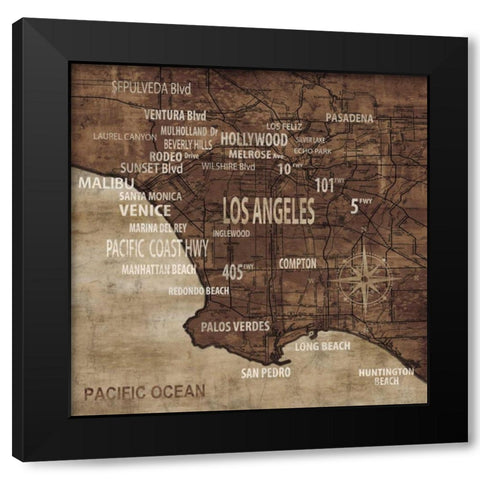 Map of Los Angeles Black Modern Wood Framed Art Print by Wilson, Luke