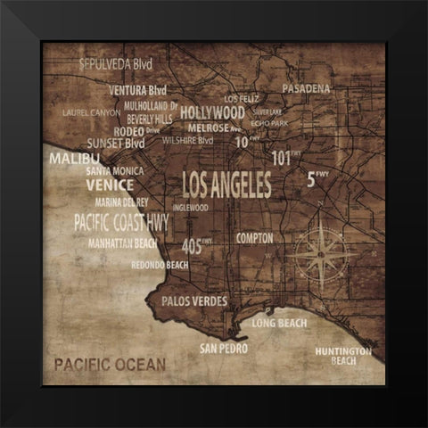 Map of Los Angeles Black Modern Wood Framed Art Print by Wilson, Luke