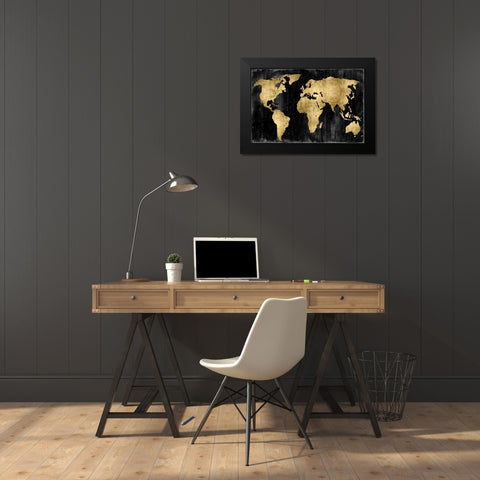 The World - Gold on Black Black Modern Wood Framed Art Print by Brennan, Russell