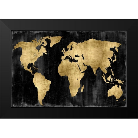 The World - Gold on Black Black Modern Wood Framed Art Print by Brennan, Russell