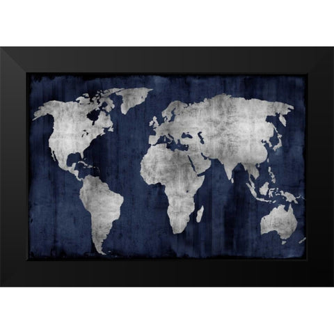 The World - Silver on Blue Black Modern Wood Framed Art Print by Brennan, Russell