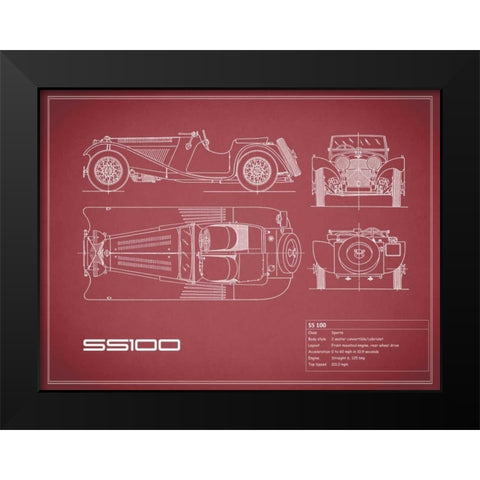 Jaguar SS-100-Maroon Black Modern Wood Framed Art Print by Rogan, Mark