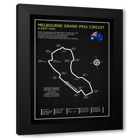 Melbourne GP Circuit BL Black Modern Wood Framed Art Print with Double Matting by Rogan, Mark