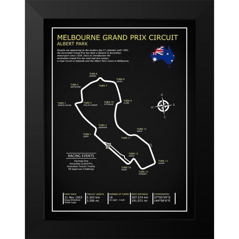Melbourne GP Circuit BL Black Modern Wood Framed Art Print by Rogan, Mark