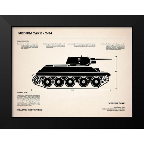 T34 Medium Tank Black Modern Wood Framed Art Print by Rogan, Mark