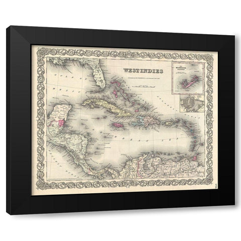 1855 Colton Map of the West Indies Black Modern Wood Framed Art Print with Double Matting by Colton