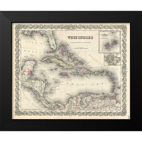 1855 Colton Map of the West Indies Black Modern Wood Framed Art Print by Colton
