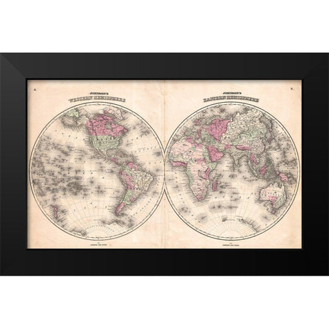 1862 Johnson Map of the World Black Modern Wood Framed Art Print by Johnson