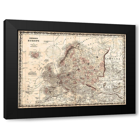 1862 Johnson Vintage Map of Europe Black Modern Wood Framed Art Print by Johnson