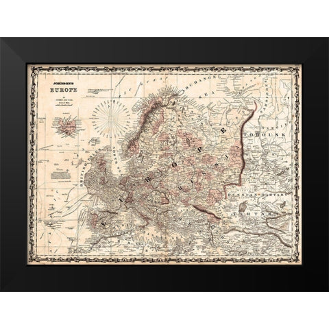 1862 Johnson Vintage Map of Europe Black Modern Wood Framed Art Print by Johnson