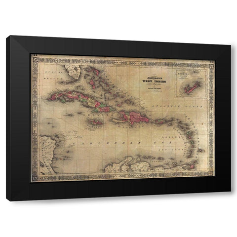 1864 Johnson Map of the West Indies Black Modern Wood Framed Art Print with Double Matting by Johnson