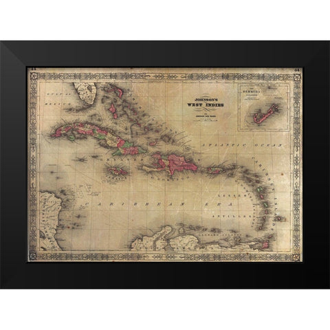 1864 Johnson Map of the West Indies Black Modern Wood Framed Art Print by Johnson