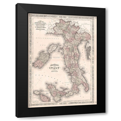 1866 Johnson Map of Italy Black Modern Wood Framed Art Print with Double Matting by Johnson