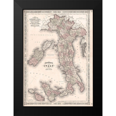 1866 Johnson Map of Italy Black Modern Wood Framed Art Print by Johnson