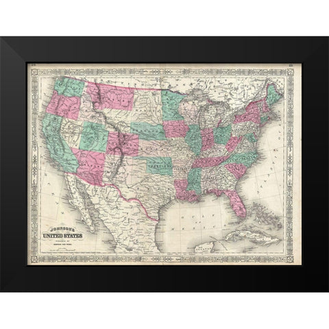 1866 Johnson Map of the United States Black Modern Wood Framed Art Print by Johnson
