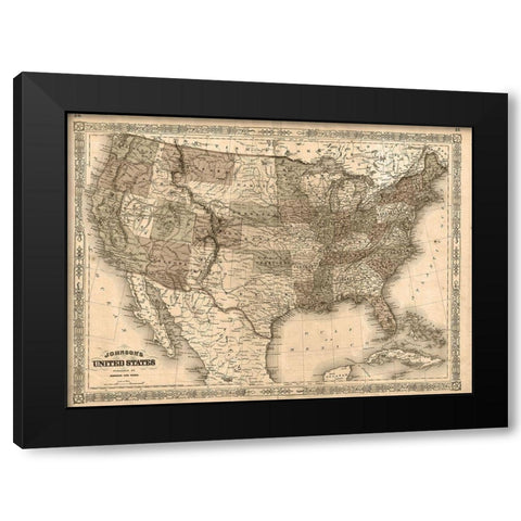 1866 Johnson Map of the United States Antiqued Black Modern Wood Framed Art Print with Double Matting by Johnson