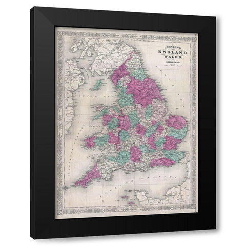 1867 Johnson Map of England and Wales Black Modern Wood Framed Art Print with Double Matting by Johnson