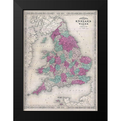 1867 Johnson Map of England and Wales Black Modern Wood Framed Art Print by Johnson