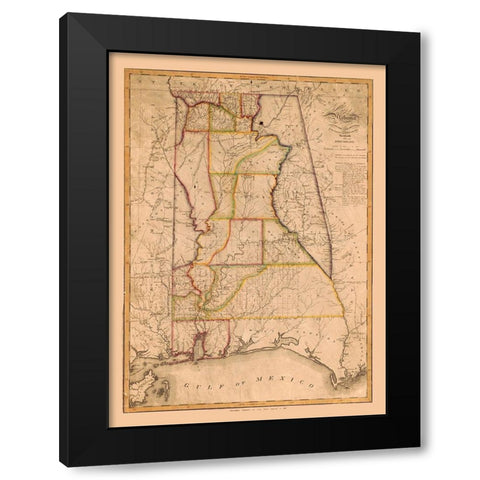 Alabama - Melish 1819  Black Modern Wood Framed Art Print with Double Matting by Melish