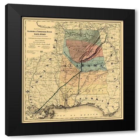 Alabama and Tennessee River Railroad - Colton 1867  Black Modern Wood Framed Art Print with Double Matting by Colton