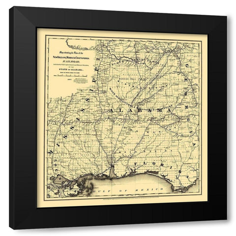 New Orleans, Mobile, Chattanooga Railroad 1867 Black Modern Wood Framed Art Print by Colton