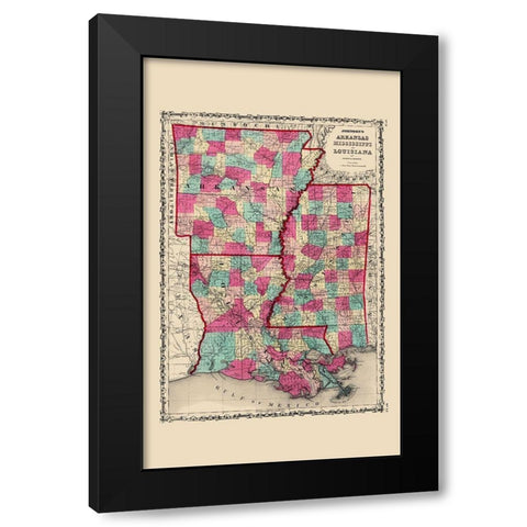 Arkansas, Mississippi, Louisiana - Johnson 1860 Black Modern Wood Framed Art Print by Johnson