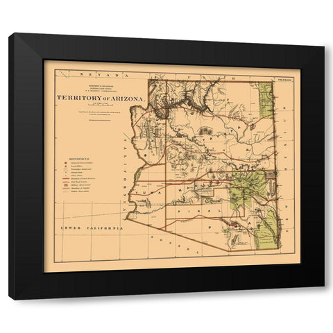 Arizona Territory - General Land Office 1876 Black Modern Wood Framed Art Print by General Land Office