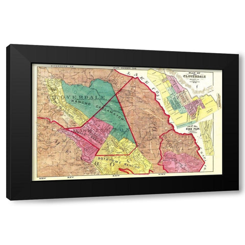 Plat of Cloverdale California - Thompson 1877 Black Modern Wood Framed Art Print with Double Matting by Thompson