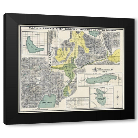 Truckee River System - Newlands 1890 Black Modern Wood Framed Art Print with Double Matting by Newlands