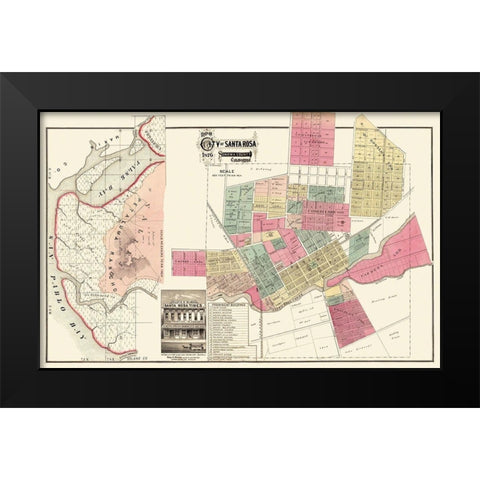 Santa Rosa California Plan - Marr 1876 Black Modern Wood Framed Art Print by Marr