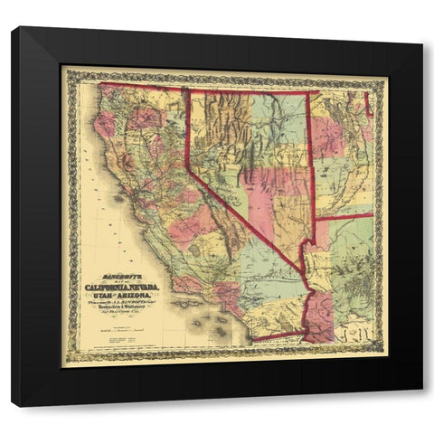 California, Nevada, Utah, Arizona - Bancroft 1873 Black Modern Wood Framed Art Print by Bancroft