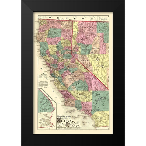 California, Nevada - Thompson 1877 Black Modern Wood Framed Art Print by Thompson