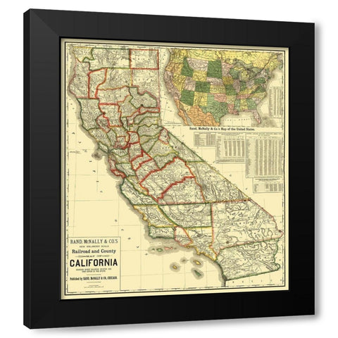 California Railroad and Counties 1883 Black Modern Wood Framed Art Print by Rand McNally