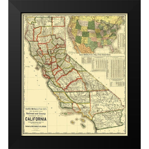 California Railroad and Counties 1883 Black Modern Wood Framed Art Print by Rand McNally