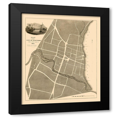 Hartford Connecticut - St John 1824  Black Modern Wood Framed Art Print with Double Matting by St John