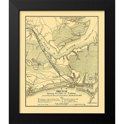 Burnside Expedition Route Newbern North Carolina Black Modern Wood Framed Art Print by Foster