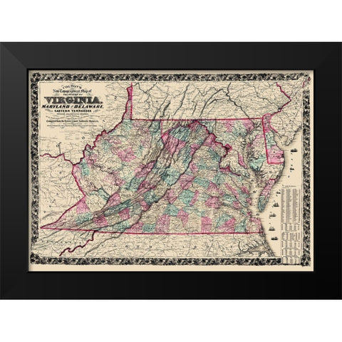 Virginia, Maryland ,Delaware - Colton  1862 Black Modern Wood Framed Art Print by Colton