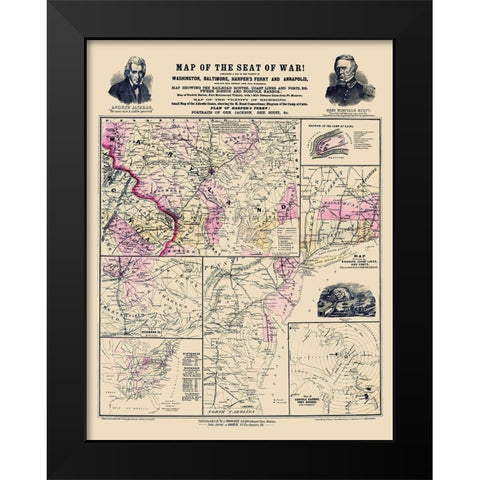 Seat of War of Atlantic Coast - Prang 1861 Black Modern Wood Framed Art Print by Prang