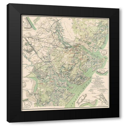 Savannah Georgia and Vicinity - Sherman 1864 Black Modern Wood Framed Art Print by Sherman
