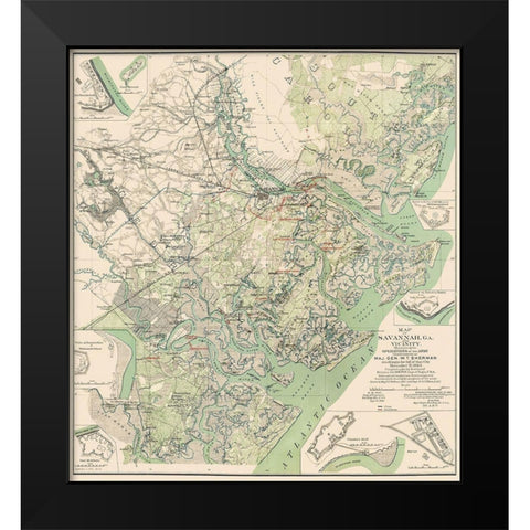 Savannah Georgia and Vicinity - Sherman 1864 Black Modern Wood Framed Art Print by Sherman