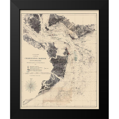 Charleston Harbor South Carolina - Bache 1863 Black Modern Wood Framed Art Print by Bache