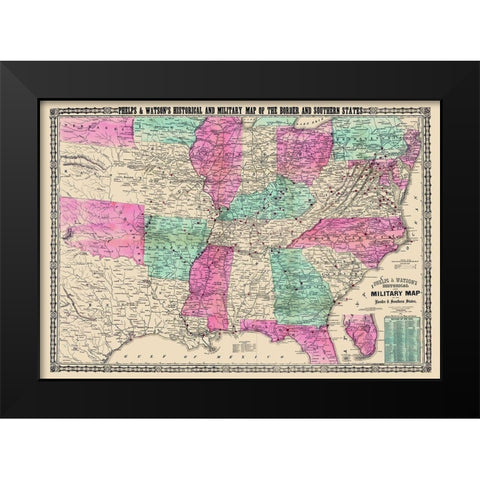 Military Border and Southern States - Phelps 1865 Black Modern Wood Framed Art Print by Phelps