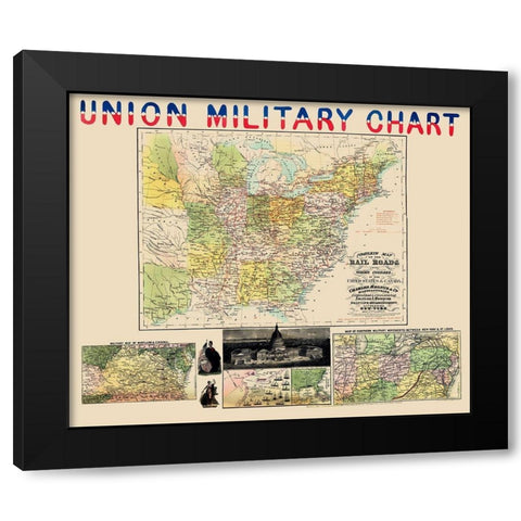 United States Canada Railroads Water Courses Black Modern Wood Framed Art Print by Magnus