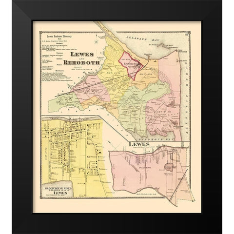 Lewes, Rehoboth Delaware Landowner - Beers 1868 Black Modern Wood Framed Art Print by Beers