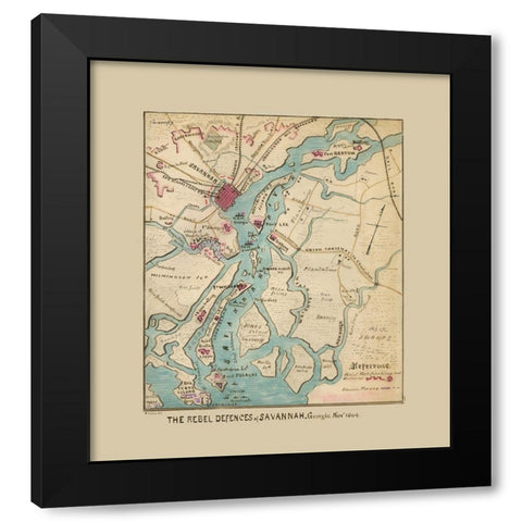 Savannah Georgia Defences - Sneden 1864  Black Modern Wood Framed Art Print by Sneden