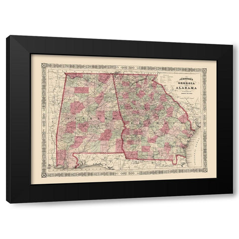 Georgia, Alabama - Johnson 1864 Black Modern Wood Framed Art Print with Double Matting by Johnson