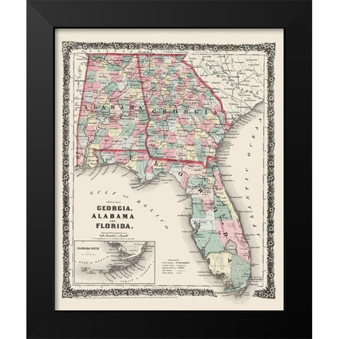 Georgia, Alabama, Florida - Colton 1858 Black Modern Wood Framed Art Print by Colton